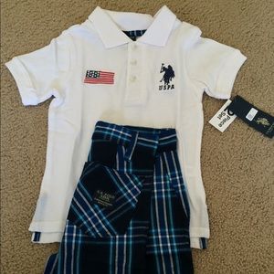 Boys White Polo and Navy Plaid Shorts Set
